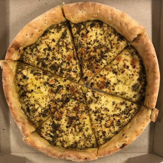 GARLIC PIZZA - NO CHEESE, garlic, garlic butter & herbs in a deep pan